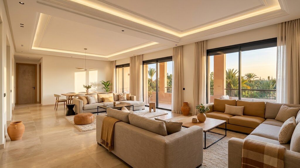 Séjour d'appartement rénové avec plafond lumineux