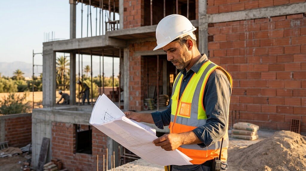 Chef de chantier consultant les plans sur une villa en construction