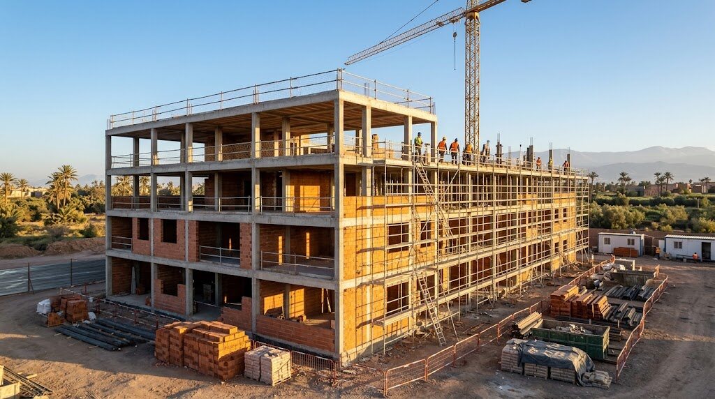 Immeuble en construction avec grue et échafaudages