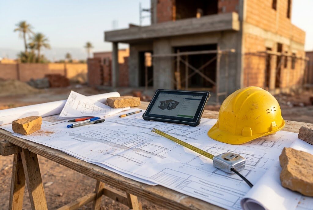 Plans, casque et tablette sur une table de chantier