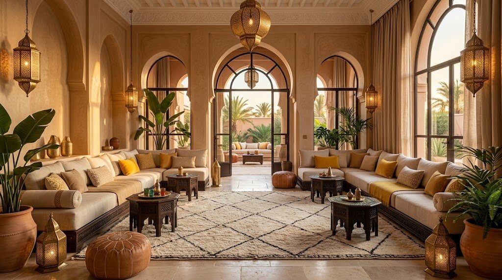 Salon marocain contemporain sous arcades