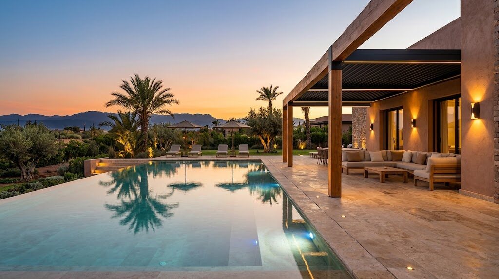 Terrasse, pergola et piscine au coucher du soleil